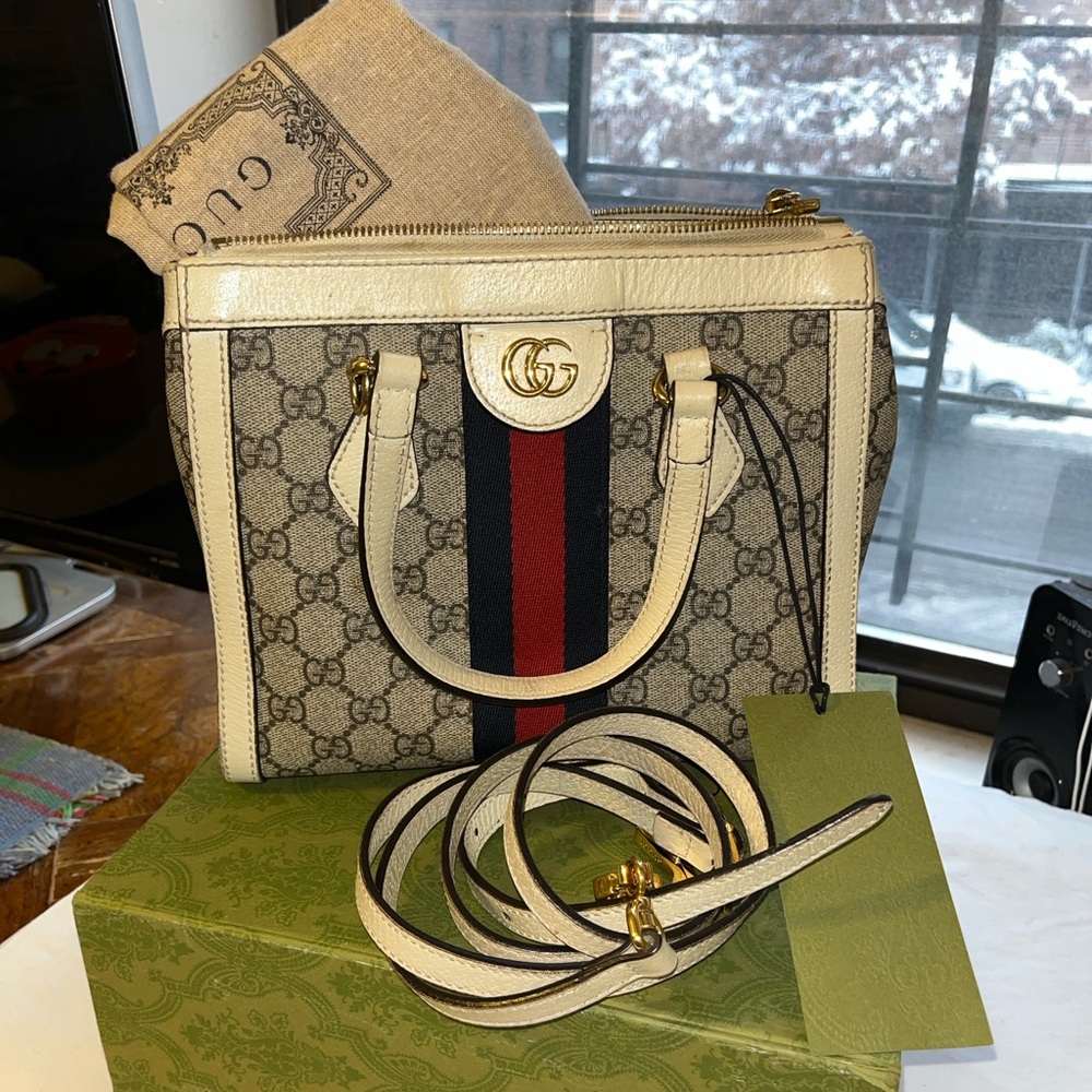 Gucci Beige and Red Shoulder Bag with Gold Accents